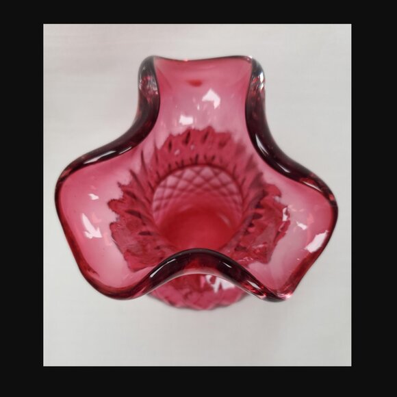 Vintage 7” Cranberry Red Glass Vase | Diamond Embossed Pattern Mid-Century Decor - Picture 3 of 6
